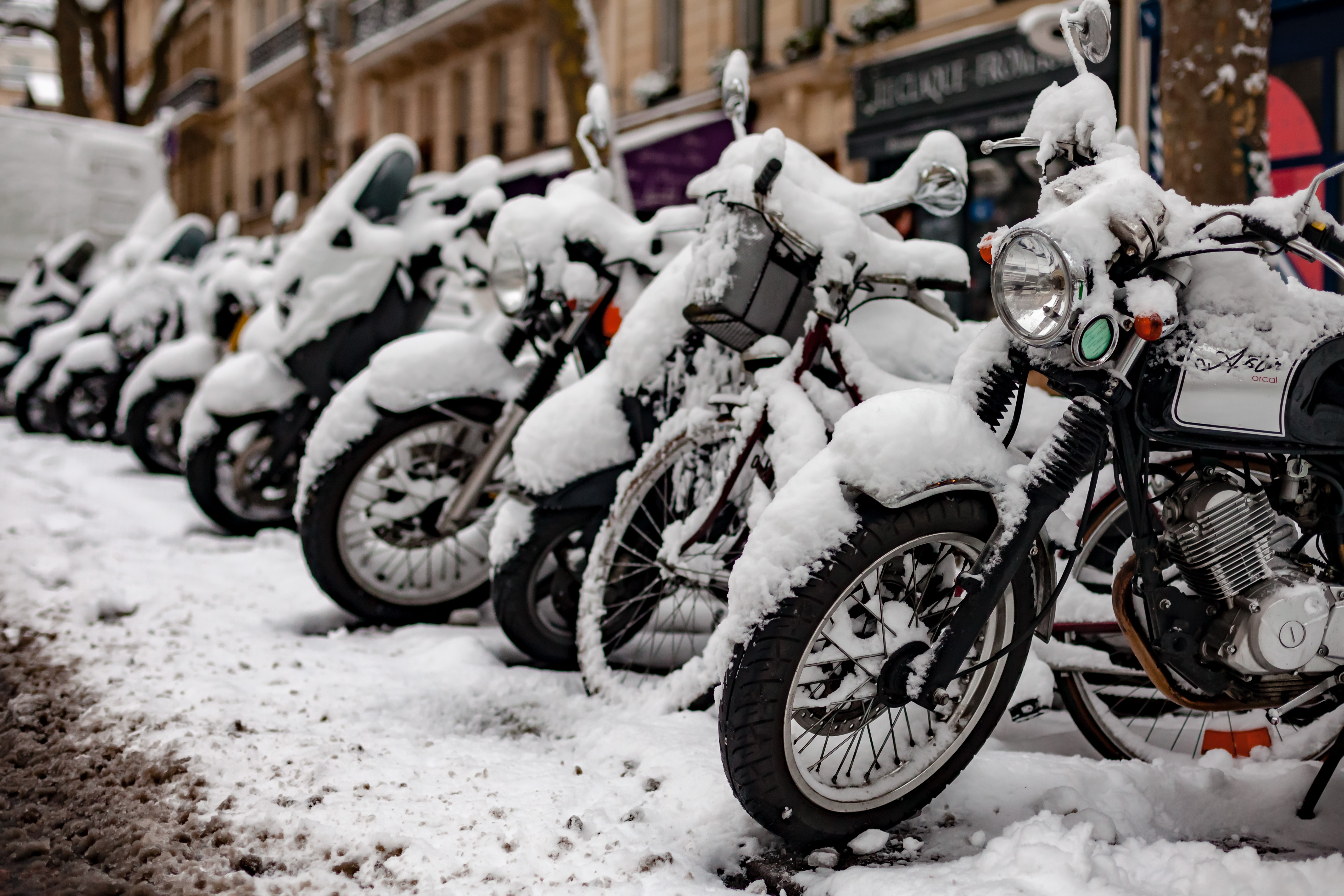 Motorcycles covered with snow, winterize your motorcycle