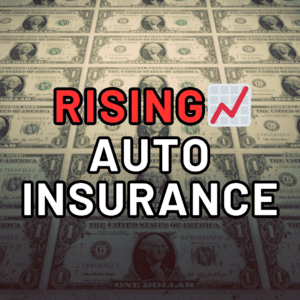 The background of the image consists of several overlapping U.S. one-dollar bills. The foreground features bold text that reads "RISING AUTO INSURANCE." The word "RISING" is highlighted in red, with a rising graph icon next to it, symbolizing an increase in costs. The rest of the text, "AUTO INSURANCE," is in black with a white outline, contrasting sharply against the dollar bill background.