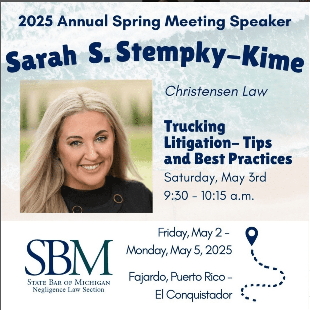 Announcement about Christensen Law partner Sarah Kime speaking at the State Bar of Michigan conference in Puerto Rico in May 2025