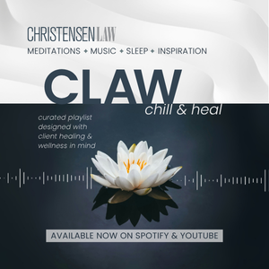 Promotional graphic by Michigan personal injury auto accident attorneys Christensen Law for their CLAW Chill & Heal playlists. The design features a white lotus flower against a dark background with soundwave graphics. Text highlights meditations, music, sleep, and inspiration, with the tagline ‘curated playlist designed with client healing & wellness in mind.’ Banner reads: Available now on Spotify & YouTube."
